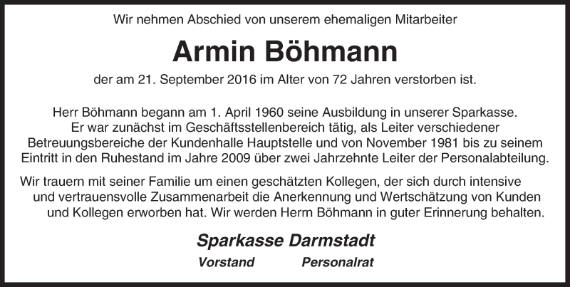  Traueranzeige für Armin Böhmann vom 08.10.2016 aus Trauerportal Echo Online