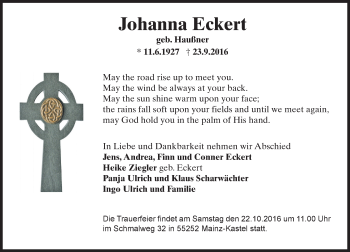 Traueranzeige von Johanna Eckert von Trauerportal Rhein Main Presse