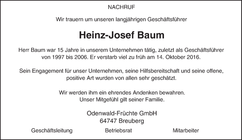  Traueranzeige für Heinz-Josef Baum vom 22.10.2016 aus Trauerportal Echo Online