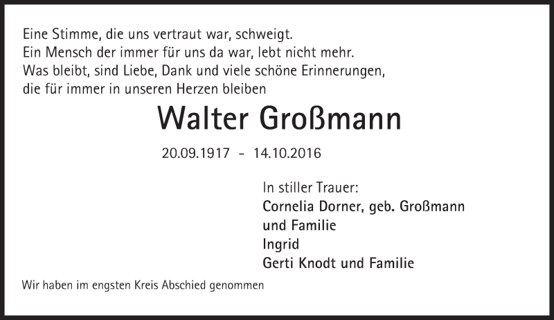  Traueranzeige für Walter Großmann vom 29.10.2016 aus Trauerportal Rhein Main Presse