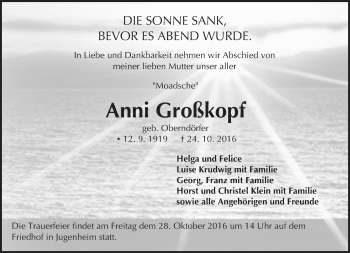 Traueranzeige von Anni Großkopf von Trauerportal Echo Online