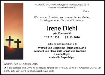 Traueranzeige von Irene Diehl von  Kreisanzeiger