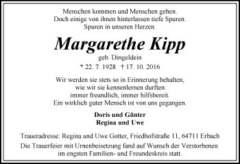 Traueranzeige von Margarethe Kipp von Trauerportal Echo Online