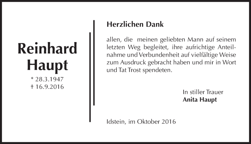  Traueranzeige für Reinhard Haupt vom 22.10.2016 aus Trauerportal Rhein Main Presse