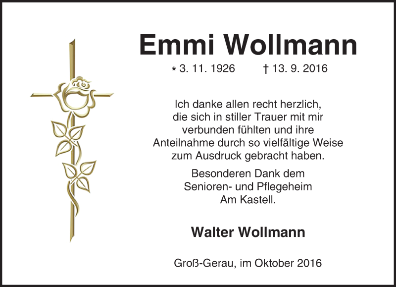  Traueranzeige für Emmi Wollmann vom 08.10.2016 aus Trauerportal Echo Online