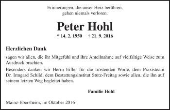 Traueranzeige von Peter Hohl von Trauerportal Rhein Main Presse