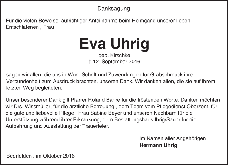  Traueranzeige für Eva Uhrig vom 05.10.2016 aus Trauerportal Echo Online