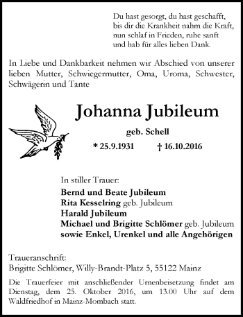 Traueranzeige von Johannette Jubileum von Trauerportal Rhein Main Presse