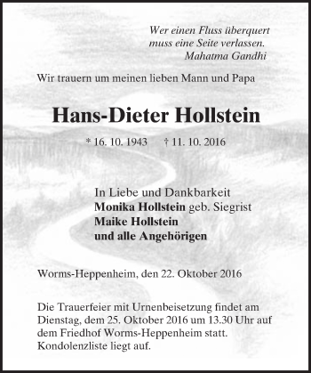 Traueranzeige von Hans-Dieter Hollstein von Trauerportal Rhein Main Presse