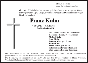 Traueranzeige von Franz Kuhn von Trauerportal Rhein Main Presse