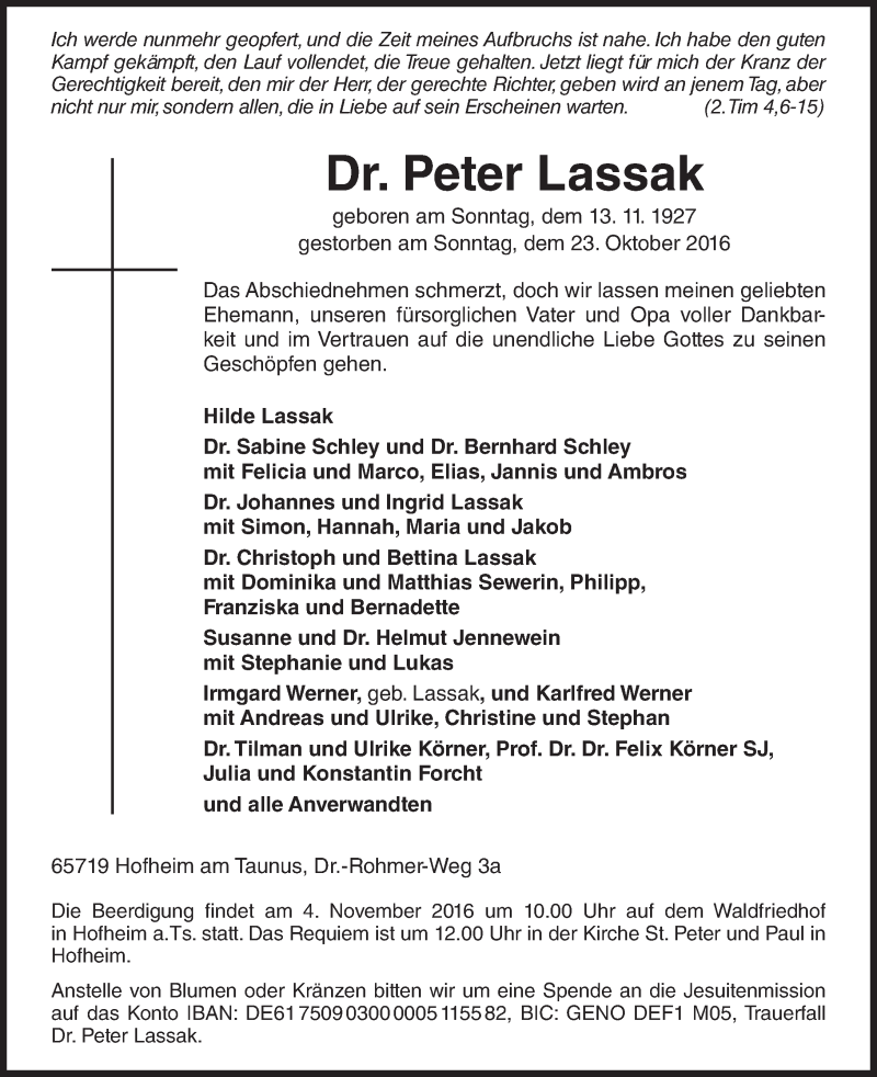  Traueranzeige für Peter Lassak vom 28.10.2016 aus Trauerportal Rhein Main Presse