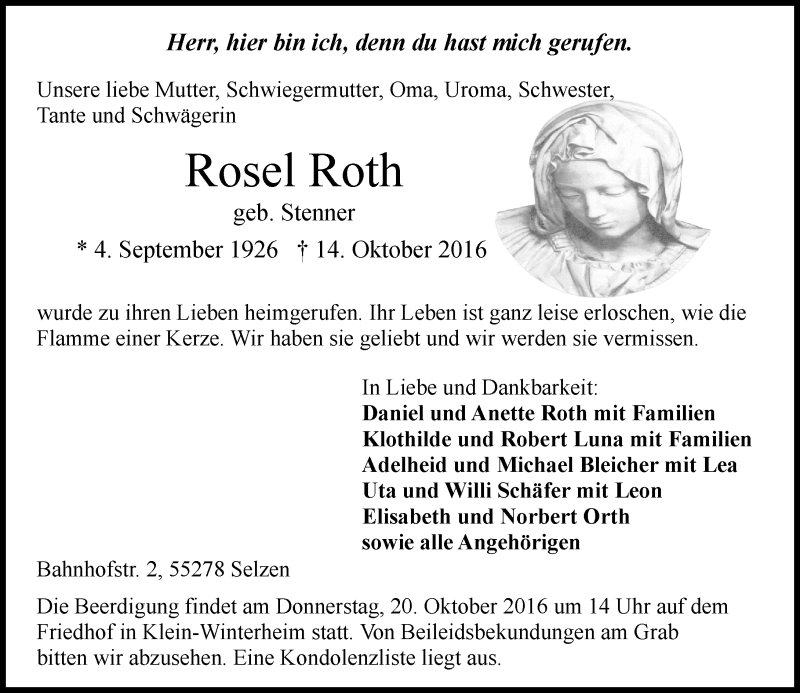 Traueranzeige für Rosel Roth vom 18.10.2016 aus  Allgemeine Zeitung Mainz