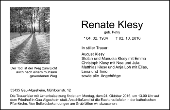 Traueranzeige von Renate Klesy von Trauerportal Rhein Main Presse