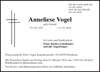Traueranzeige von Anneliese Vogel von Trauerportal Rhein Main Presse