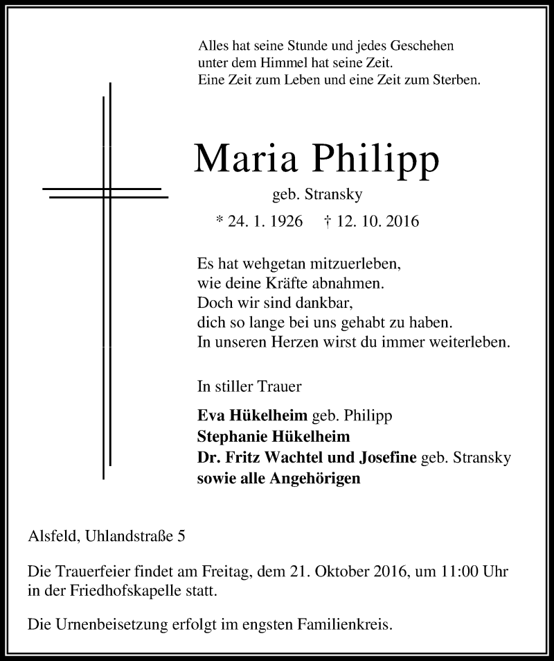  Traueranzeige für Maria Philipp vom 18.10.2016 aus VRM Trauer