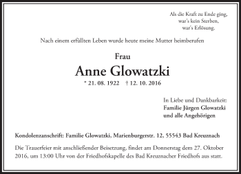 Traueranzeige von Anne Glowatzki von Trauerportal Rhein Main Presse