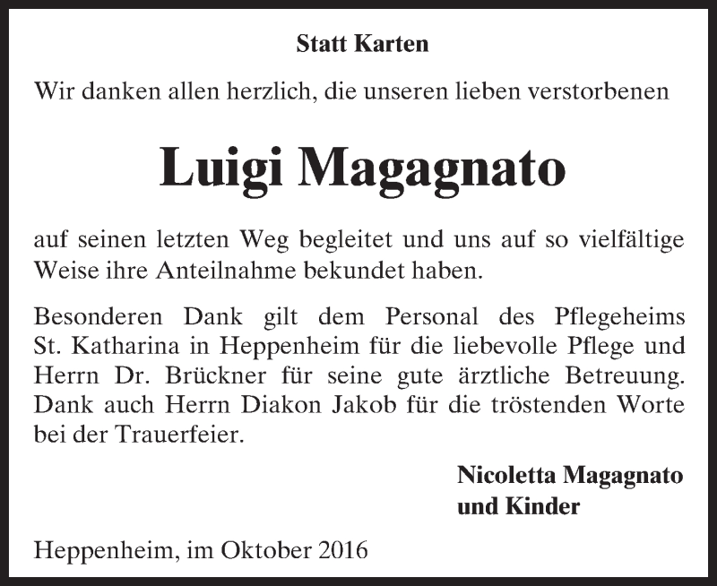  Traueranzeige für Luigi Magagnato vom 08.10.2016 aus Trauerportal Echo Online