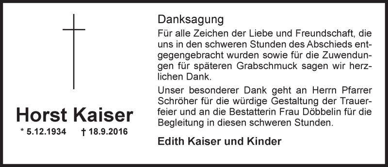  Traueranzeige für Horst Kaiser vom 15.10.2016 aus Trauerportal Rhein Main Presse