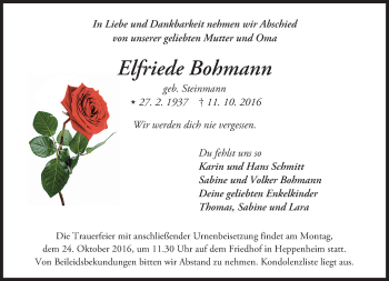Traueranzeige von Elfriede Bohmann von Trauerportal Echo Online