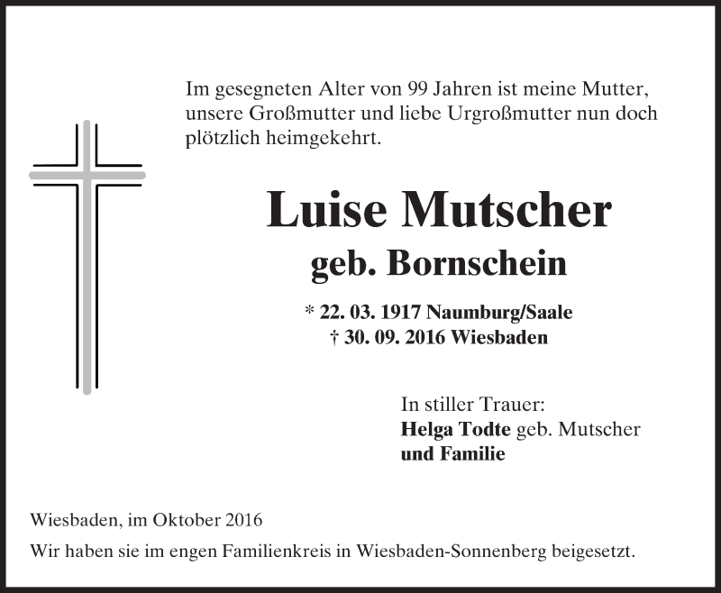  Traueranzeige für Luise Mutscher vom 15.10.2016 aus Trauerportal Rhein Main Presse