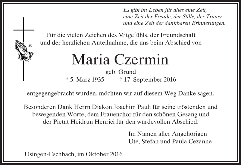  Traueranzeige für Maria Czermin vom 15.10.2016 aus  Usinger Anzeiger