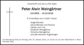 Traueranzeige von Peter Alwin Weingärtner von Trauerportal Rhein Main Presse
