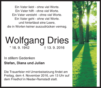 Traueranzeige von Wolfgang Dries von Trauerportal Echo Online