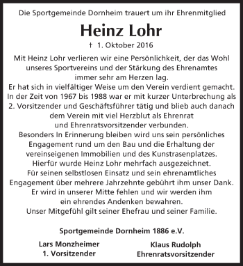 Traueranzeige von Heinz Lohr von Trauerportal Echo Online