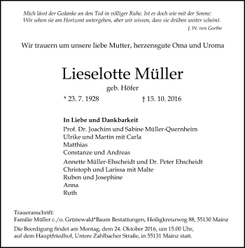 Traueranzeige von Lieselotte Müller von Trauerportal Rhein Main Presse