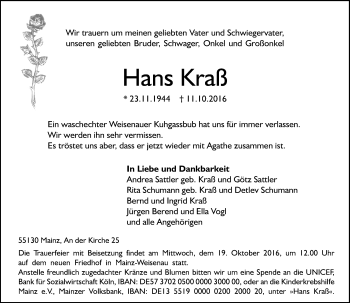 Traueranzeige von Hans Kraß von Trauerportal Rhein Main Presse