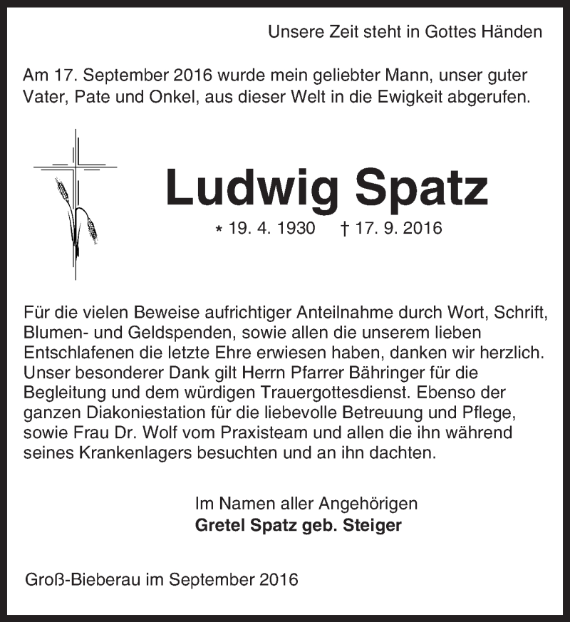  Traueranzeige für Ludwig Spatz vom 08.10.2016 aus Trauerportal Echo Online