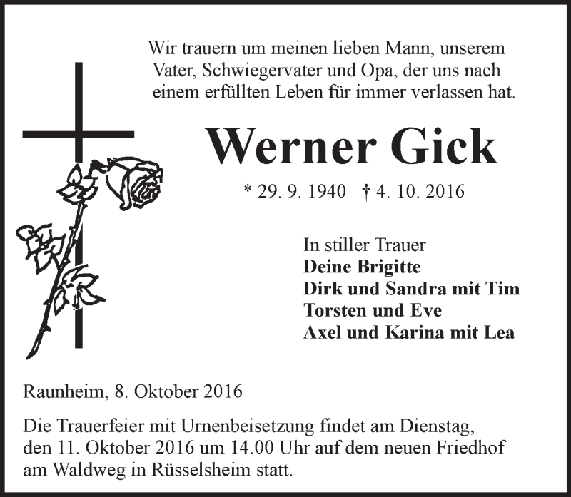  Traueranzeige für Werner Gick vom 08.10.2016 aus Trauerportal Rhein Main Presse