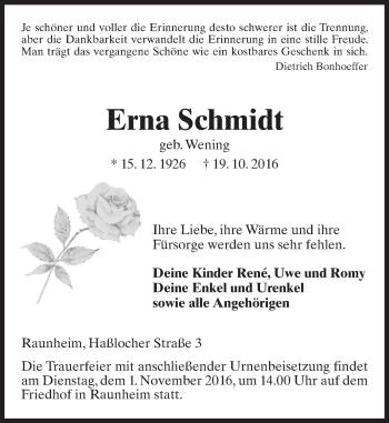 Traueranzeige von Erna Schmidt von Trauerportal Rhein Main Presse