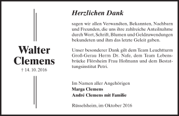 Traueranzeige von Walter Clemens von Trauerportal Rhein Main Presse