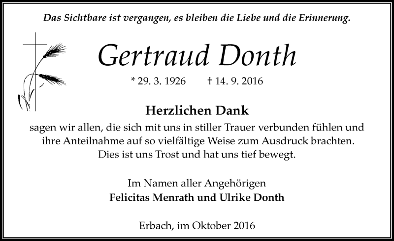 Traueranzeige für Gertraud Donth vom 22.10.2016 aus Trauerportal Echo Online