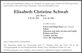 Traueranzeige von Elisabeth Christine Schwab von Trauerportal Rhein Main Presse