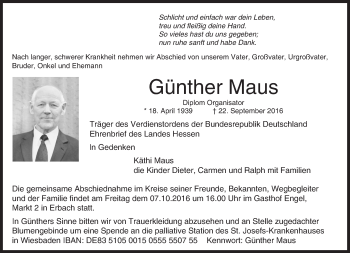 Traueranzeige von Günther Maus von Trauerportal Rhein Main Presse