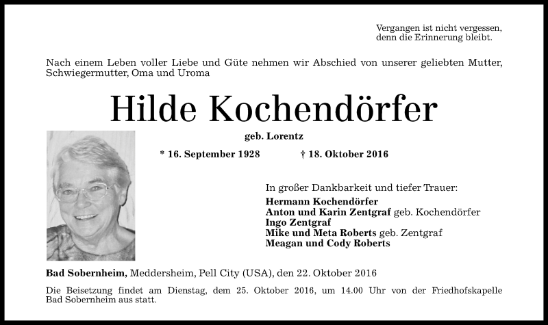  Traueranzeige für Hilde Kochendörfer vom 22.10.2016 aus Trauerportal Rhein Main Presse