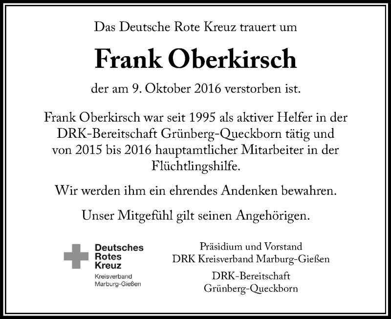  Traueranzeige für Frank Oberkirsch vom 25.10.2016 aus  Gießener Anzeiger