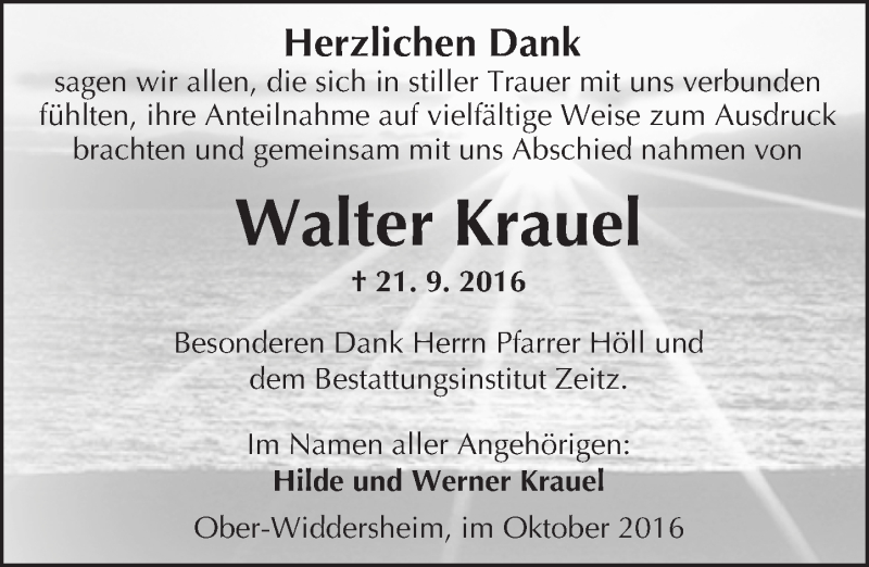  Traueranzeige für Walter Krauel vom 15.10.2016 aus  Kreisanzeiger