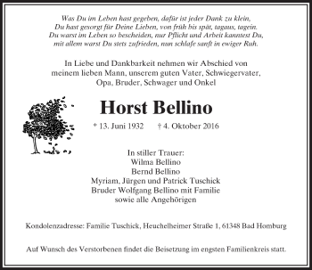 Traueranzeige von Horst Bellino von  Usinger Anzeiger