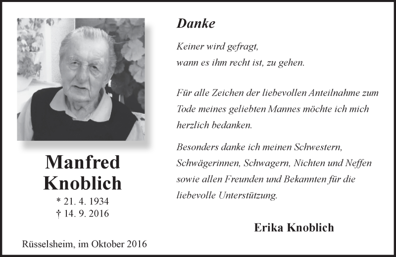  Traueranzeige für Manfred Knoblich vom 08.10.2016 aus Trauerportal Rhein Main Presse