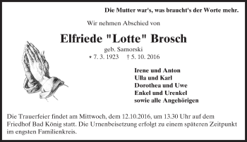 Traueranzeige von Elfriede Brosch von Trauerportal Echo Online