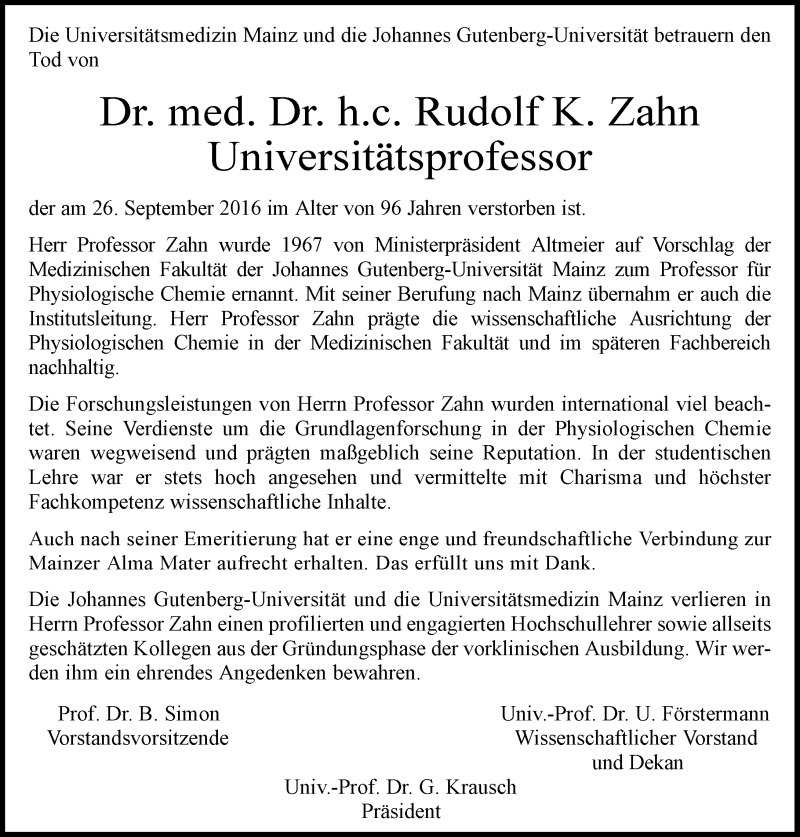  Traueranzeige für Rudolf K. Zahn vom 05.10.2016 aus Trauerportal Rhein Main Presse
