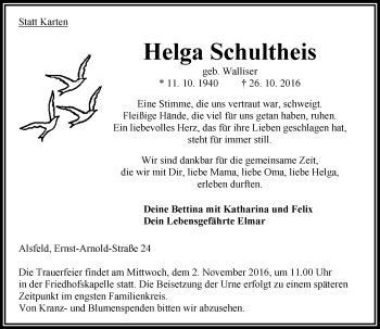 Traueranzeige von Helga Schultheis von VRM Trauer