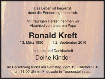 Traueranzeige von Ronald Kreft von Trauerportal Rhein Main Presse
