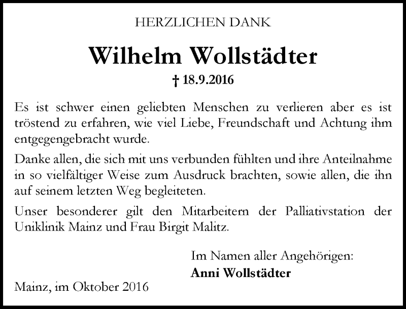  Traueranzeige für Wilhelm Wollstädter vom 08.10.2016 aus Trauerportal Rhein Main Presse