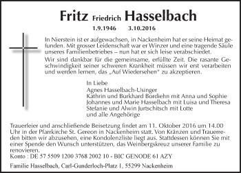 Traueranzeige von Fritz Hasselbach von Trauerportal Rhein Main Presse