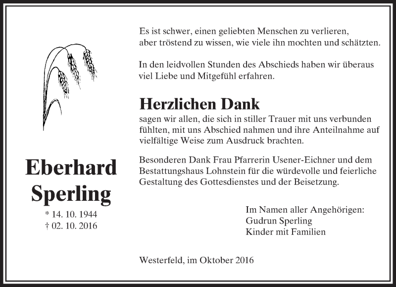  Traueranzeige für Eberhard Sperling vom 29.10.2016 aus  Usinger Anzeiger