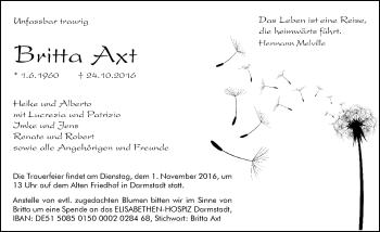 Traueranzeige von Britta Axt von Trauerportal Echo Online